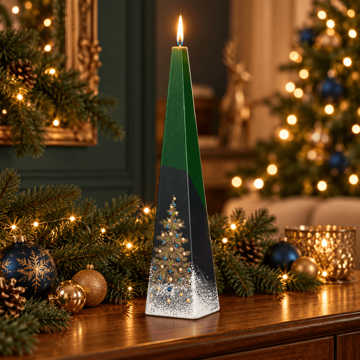 Handgemaakte piramidekaars Kerstboom zwart/groen 60x250 mm