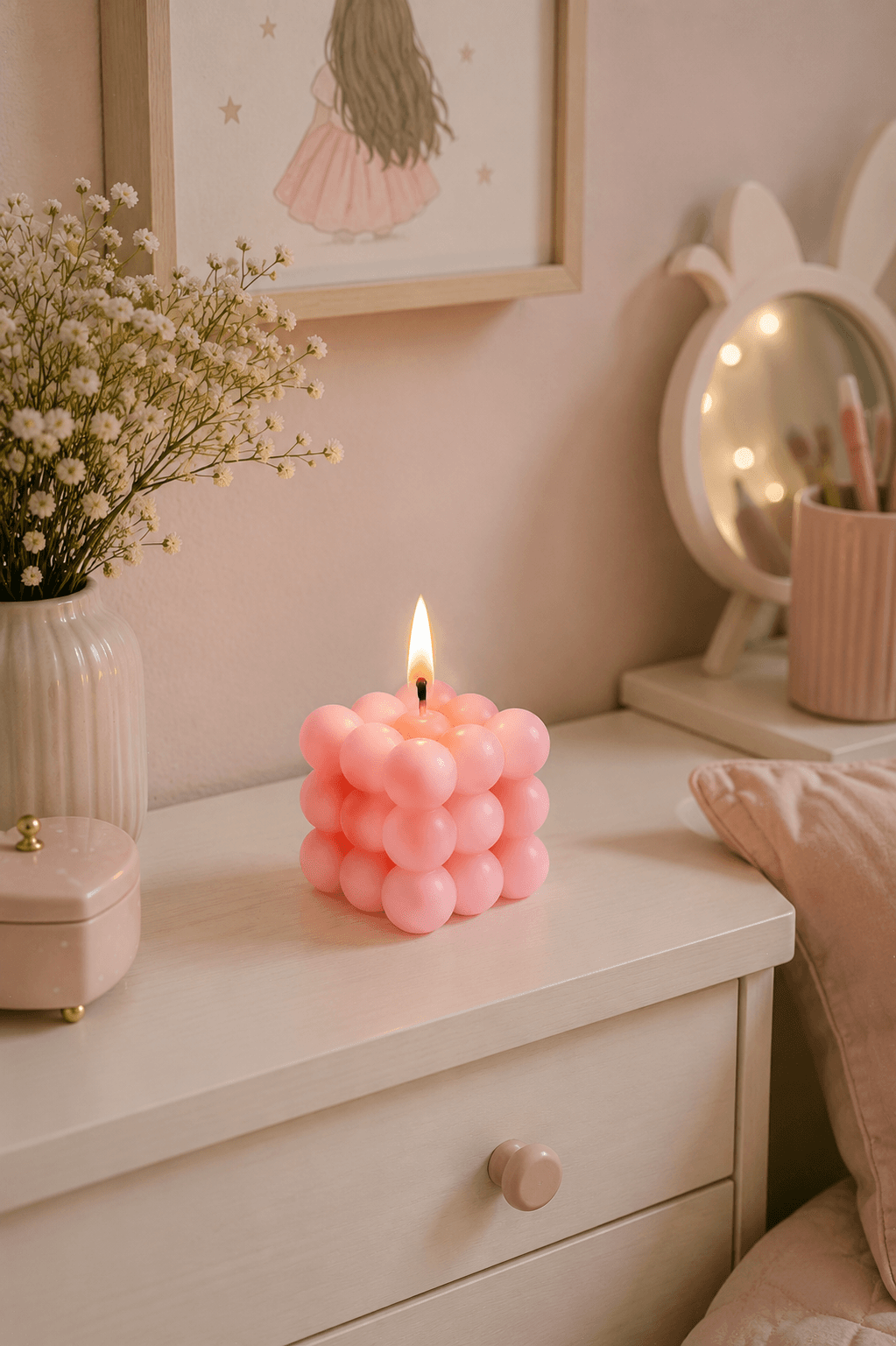 Roze bubbelkaars 6x6x6 cm
