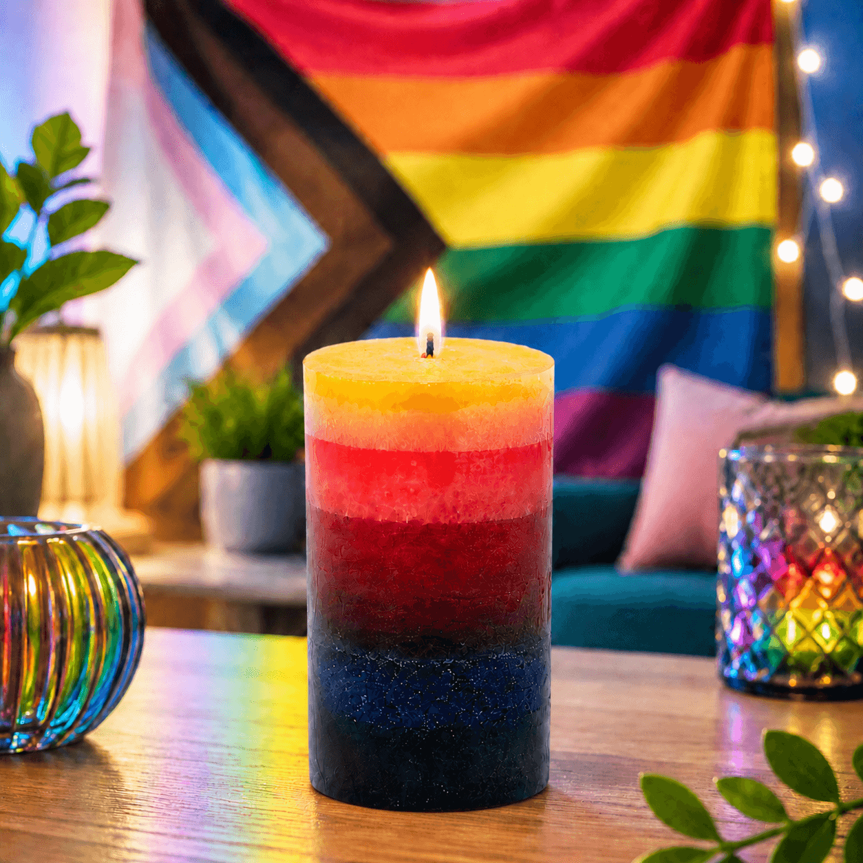 Regenboog stompkaars Pride | meerkleurig gelaagd | 75 x 150 mm