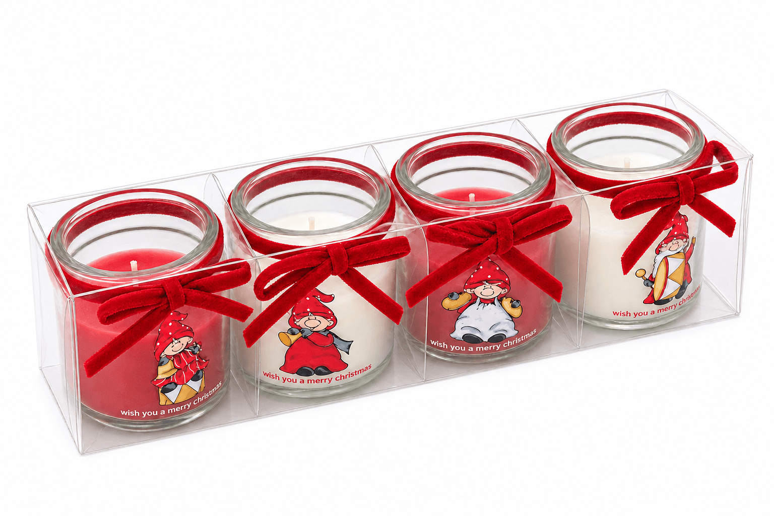 Kerstkaarsen in glas met kerstkabouters | rood/wit – set van 4 2