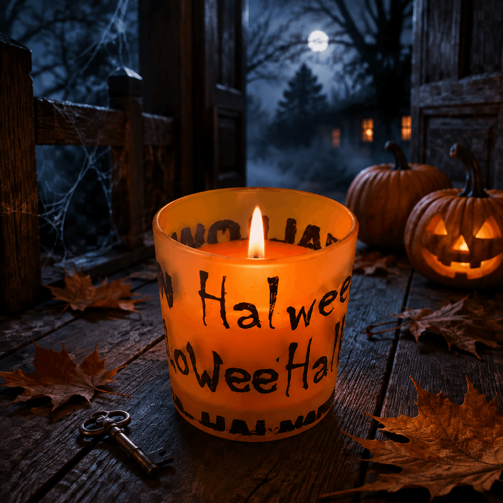 Halloweenkaarsje in oranje glas Ø 55 × 60 mm