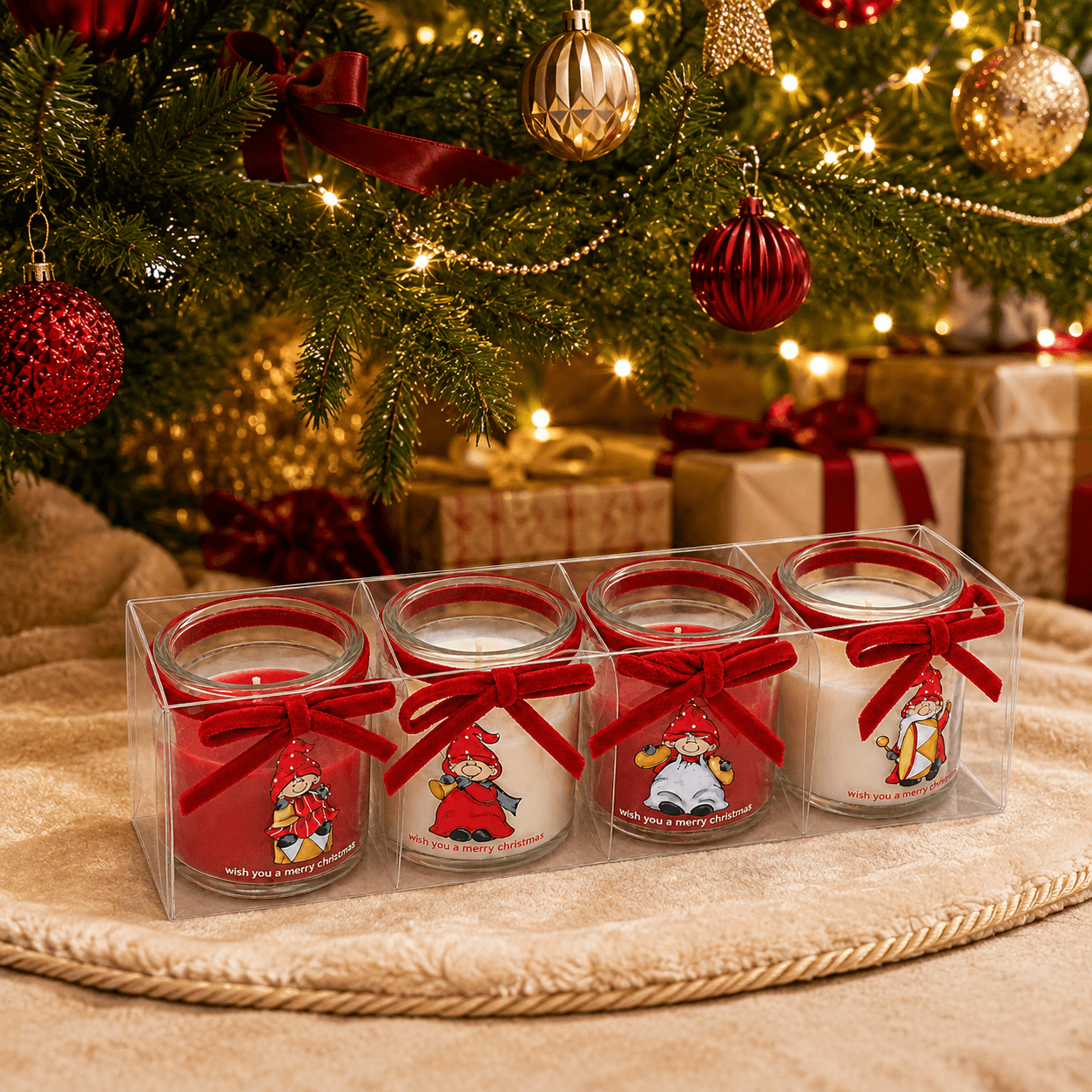 Kerstkaarsen in glas met kerstkabouters | rood/wit – set van 4