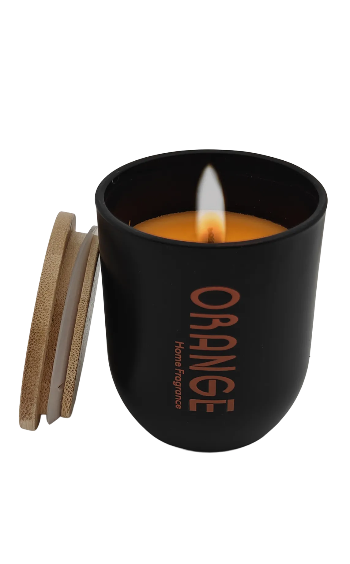 Geurkaars Sinaasappel met houten deksel en houten lont 70x80 mm / zwart oranje