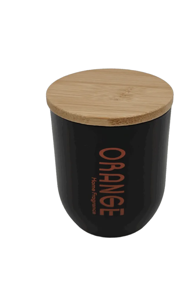 Geurkaars Sinaasappel met houten deksel en houten lont 70x80 mm / zwart oranje