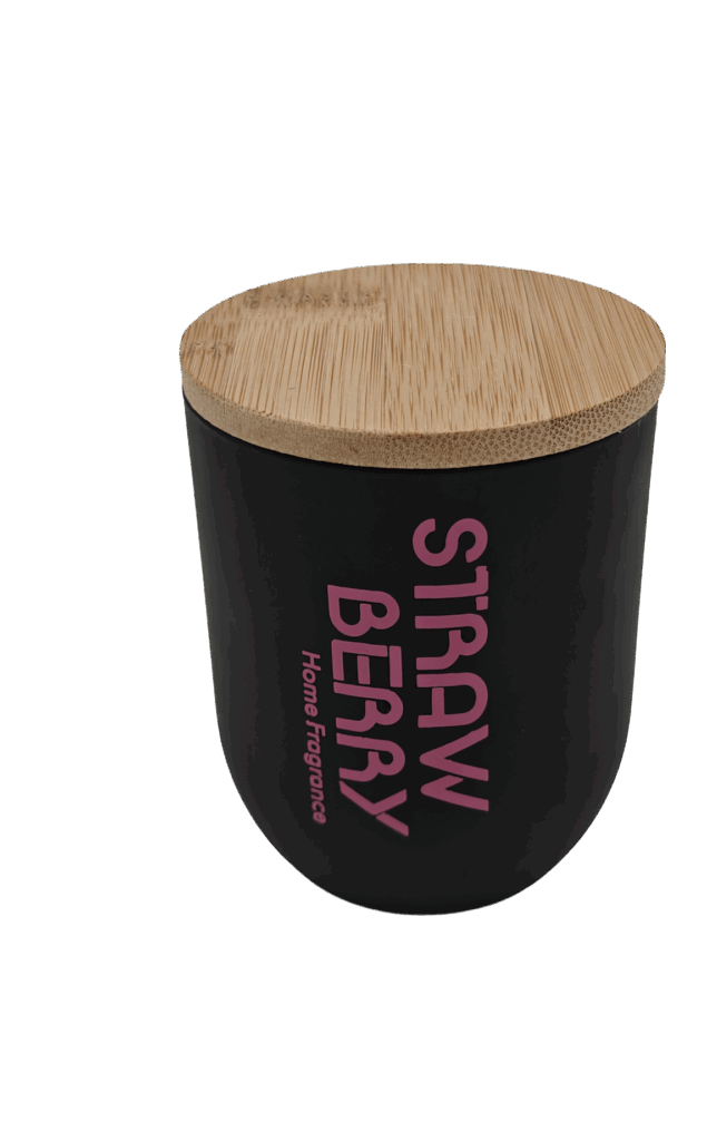 Geurkaars Aardbei met houten deksel en houten lont 70x80 mm / Zwart rood