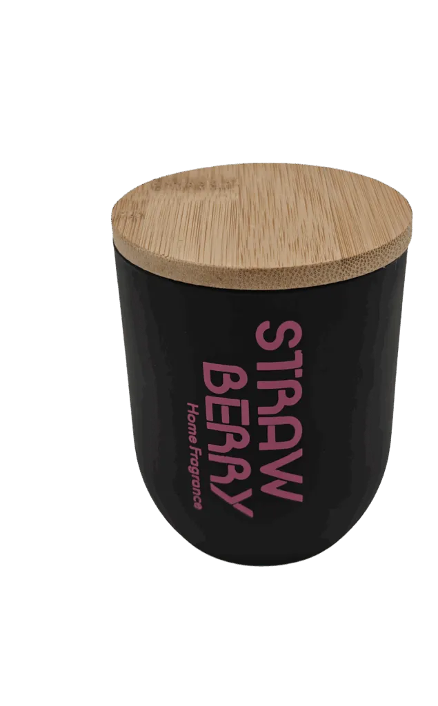 Geurkaars Aardbei met houten deksel en houten lont 70x80 mm / Zwart rood