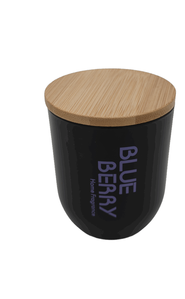 Blauwe bes geurkaars met houten deksel en houten lont 70x80 mm / Zwart