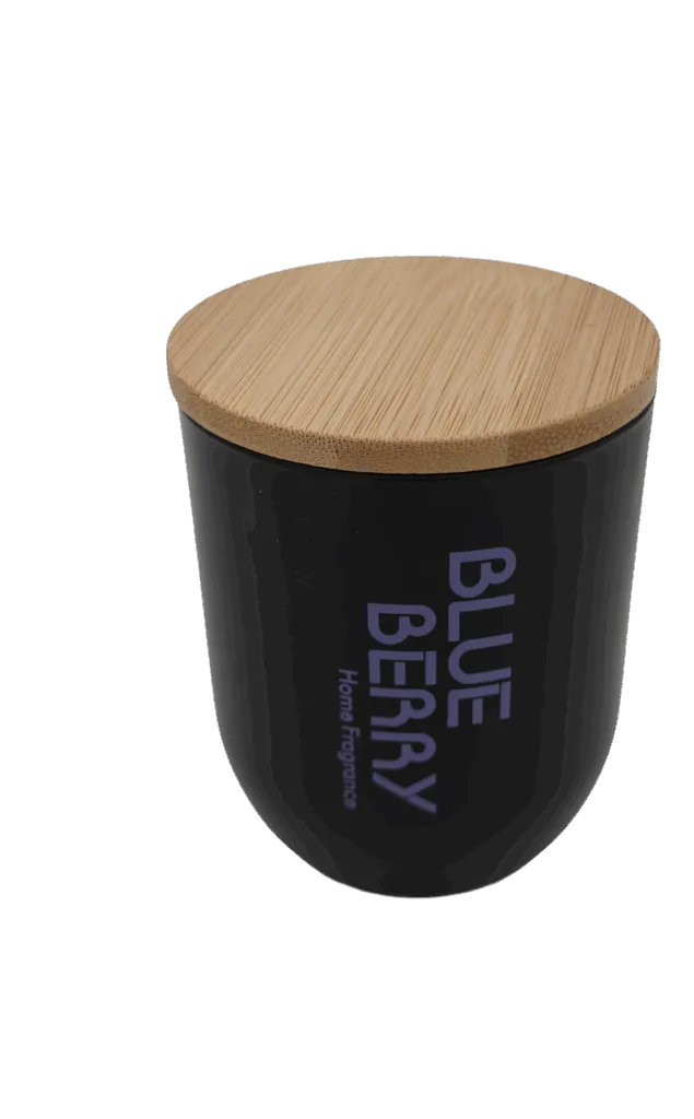 Blauwe bes geurkaars met houten deksel en houten lont 70x80 mm / Zwart