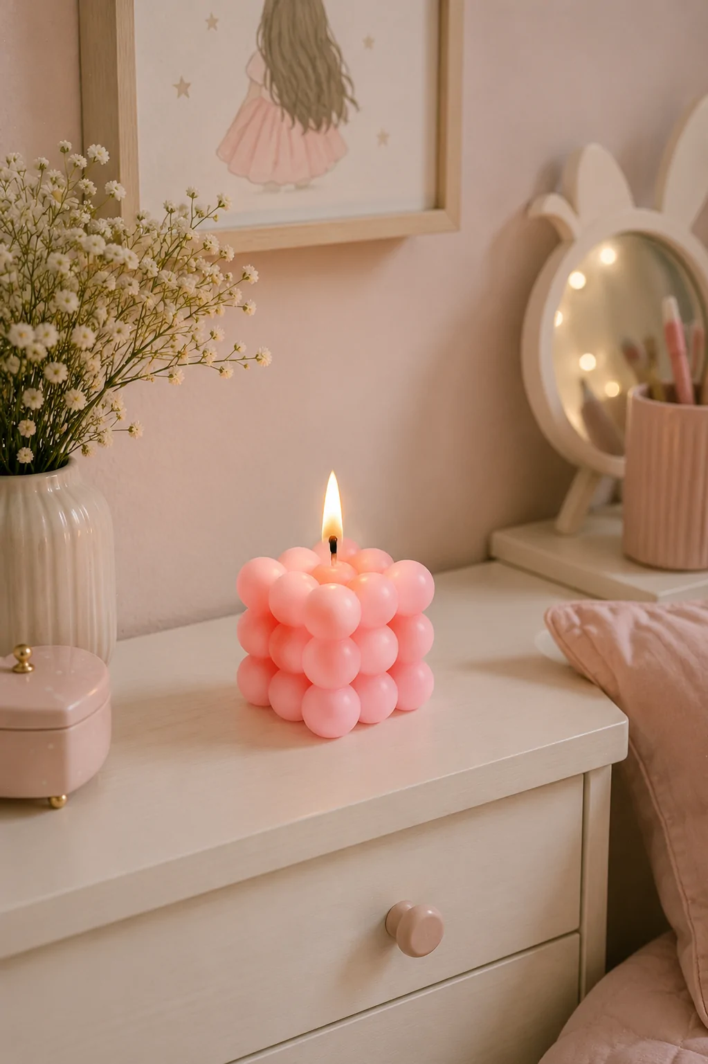 Roze bubbelkaars 6x6x6 cm