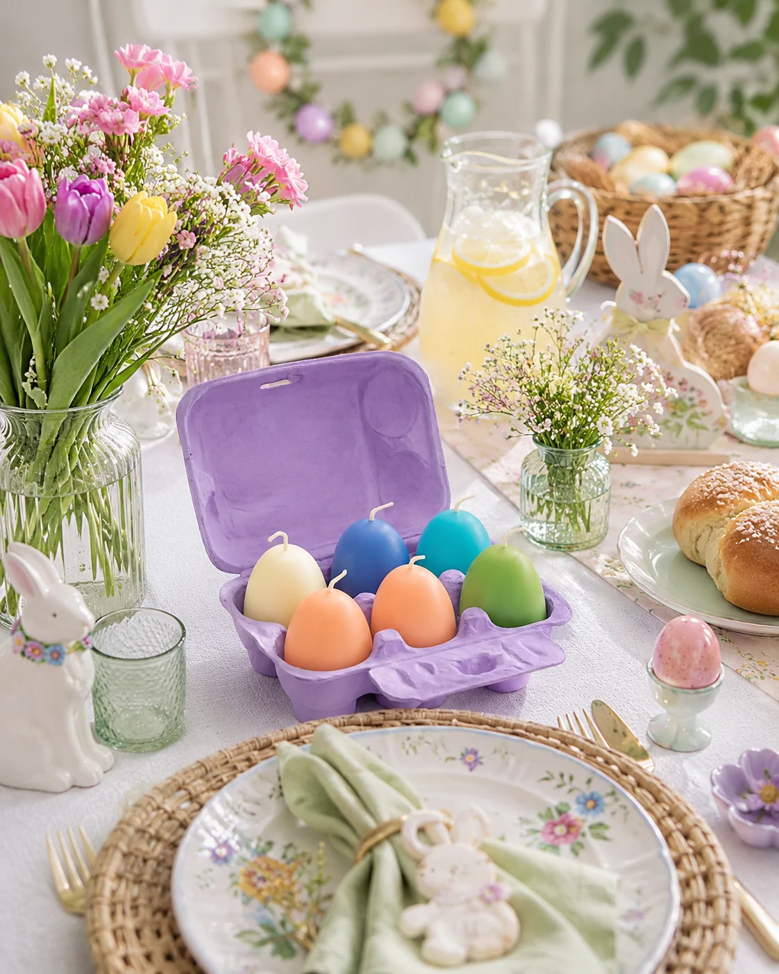 Eierdoosje met 6 paaseieren-kaarsjes in pastel tinten